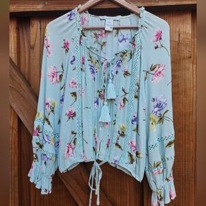 American Rag Floral Blouse - Light Blue with Pink and Purple
